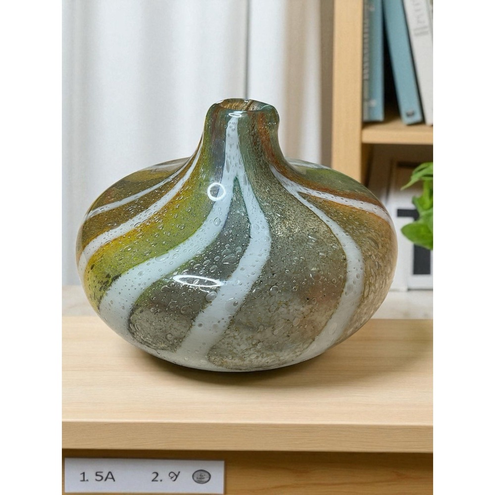 Vintage Murano Art Glass Vase Green Gold Swirling MCM